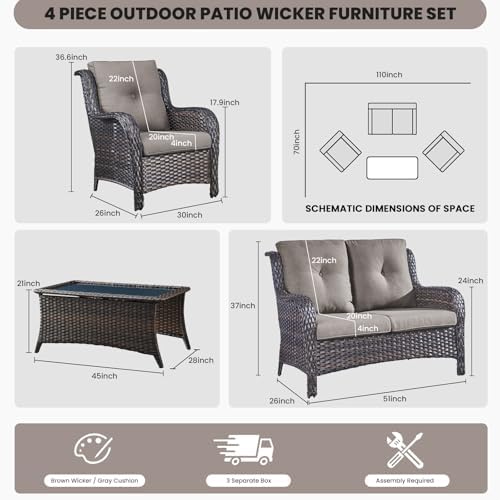 Belord Wicker Furniture 4 Pieces Outdoor Patio Furniture Set Patio Loveseat - Image 2