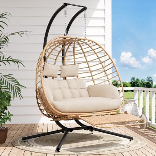 Double Egg Chair Outdoor with Stand & Footrest, Patio Swing - Image 4