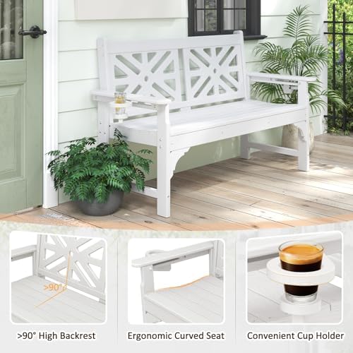 nalone Outdoor Bench with Cup Holders, HDPE Porch Bench Fade Proof - Image 4