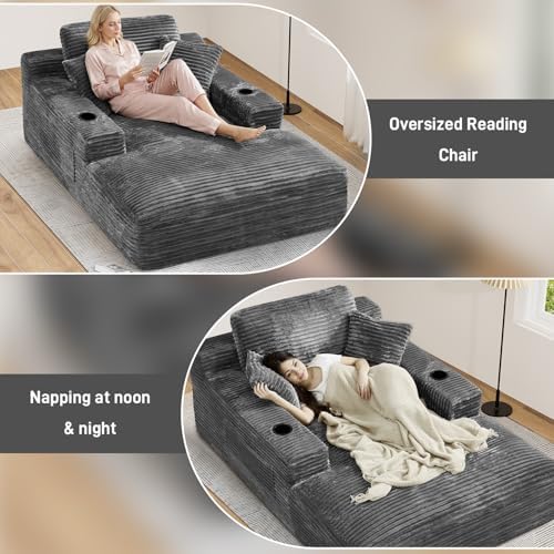 76" Oversized Boneless Chaise Lounge Chair Indoor, Cup Holders, Dark Grey - Image 5