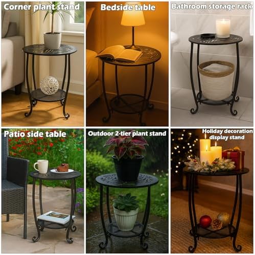 2-Tier Metal Round Side Table Set of Two Black Accent Coffee Tables Small Space - Image 6