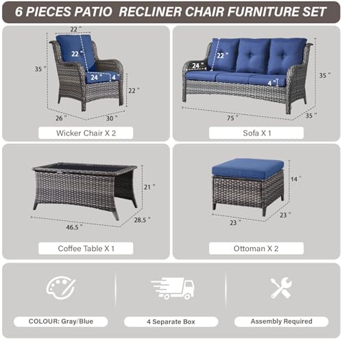 Patio Wicker Sofa Set 6 Pieces Patio Furniture Set Outdoor Couch, 2 Patio - Image 3