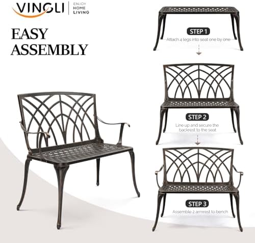 VINGLI 38" Outdoor Metal Bench, Cast Aluminium Garden Bench, Weatherproof - Image 6