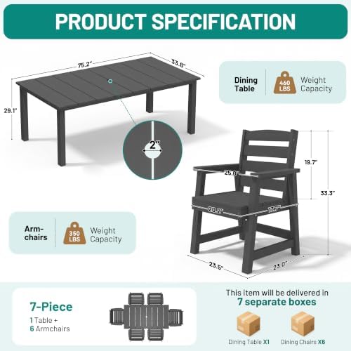 PLUUV 7PC Patio Dining Sets, 6 Armchairs & 1 Table - Image 2