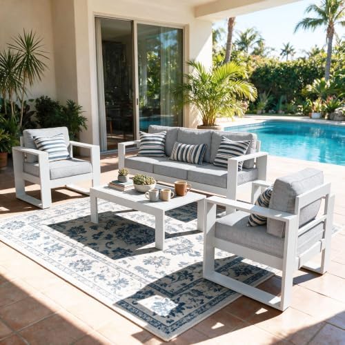 4 Pieces Aluminum Outdoor Patio Furniture Set, Metal Modern Conversation Sofa by LayinSun