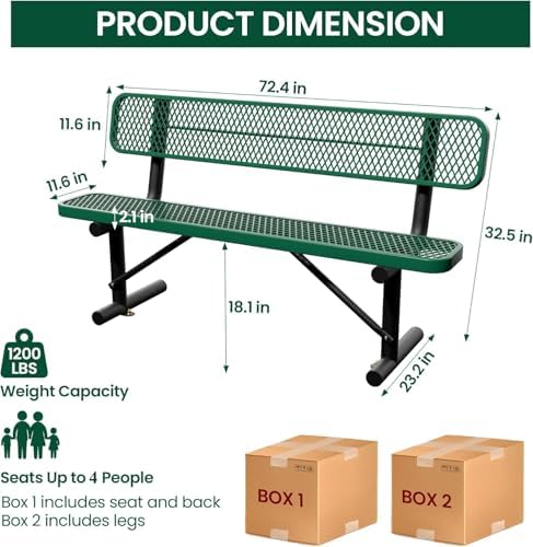 6 Feet Steel Park Bench for Outside, Outdoor Bench - Image 2