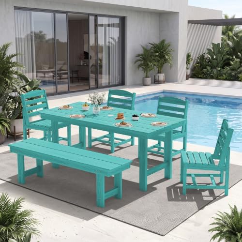 6-Piece Patio Dining Set, HDPE Table Bench and Armless Chairs Aruba by KINGYES