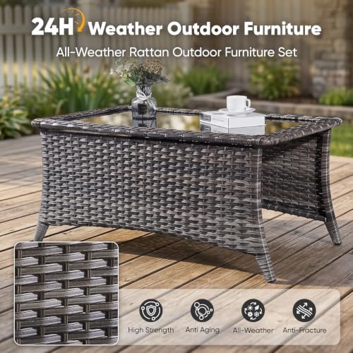 Patio Coffee Table Outdoor Rectangular Glass Table, Handwoven Rattan Patio - Image 6