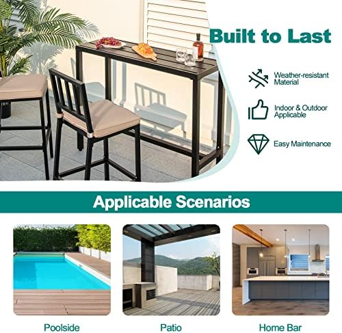 COSTWAY 3 Piece 48" Outdoor Patio Bar Set, Metal Bar Table and Chairs Set - Image 7
