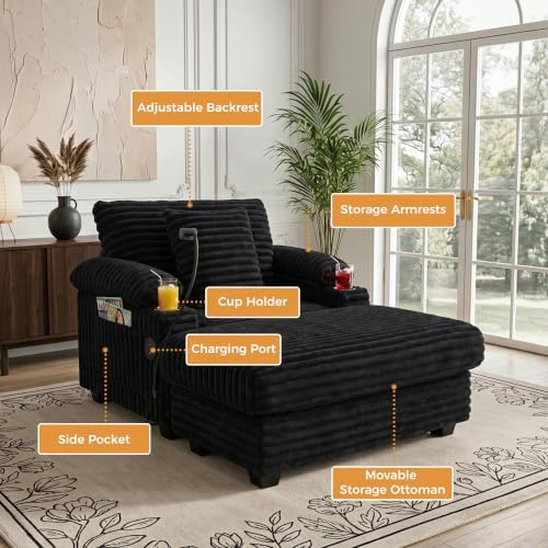 Chaise Lounge Chair with Adjustable Backrest, Storage and Ottoman - Image 4