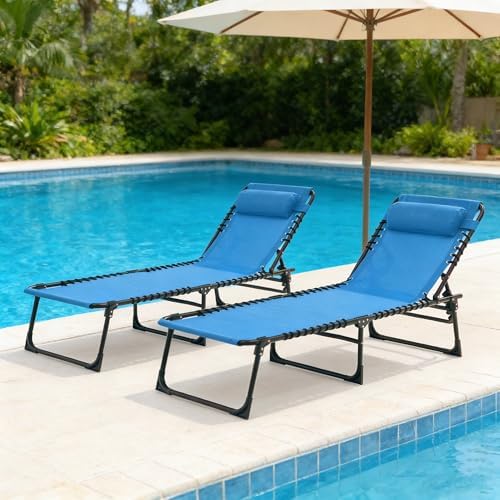 2 Pack Outdoor Folding Chaise Lounge 5-Position Adjustable Recliner 400LB Heavy by Unknown