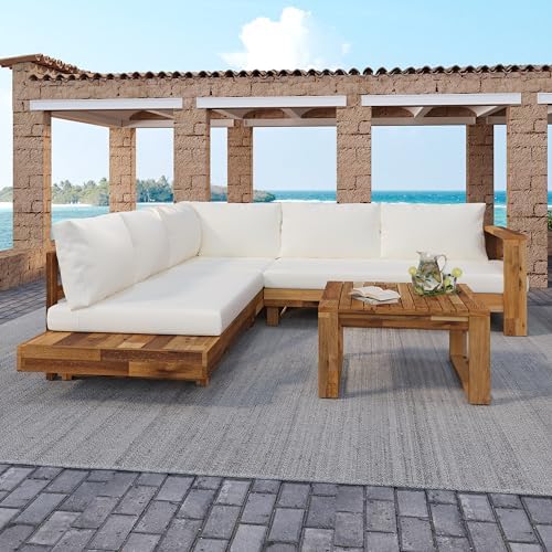 4pc Acacia Wood Outdoor Sectional Sofa Set - Image 2