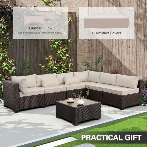 Outdoor Patio Furniture Set 7 Pieces Wicker Sectional Sofa Brown Rattan - Image 2
