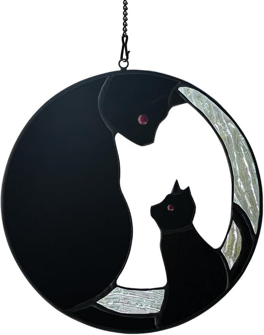 Black Cat Decor Stained Glass Window Hanging,Funny Cat Gifts for Cat Lovers Stained Glass Suncatcher for Window,Two Black Cat Decor Cat Themed Gifts for Women Mom Grandma
