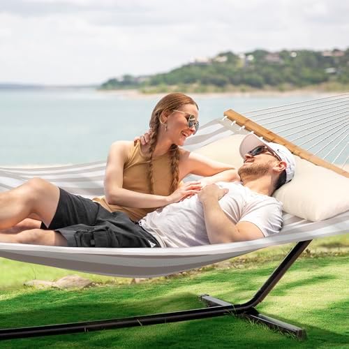 Outdoor Portable Hammock with Stand, Light Gray Stripes - Image 2