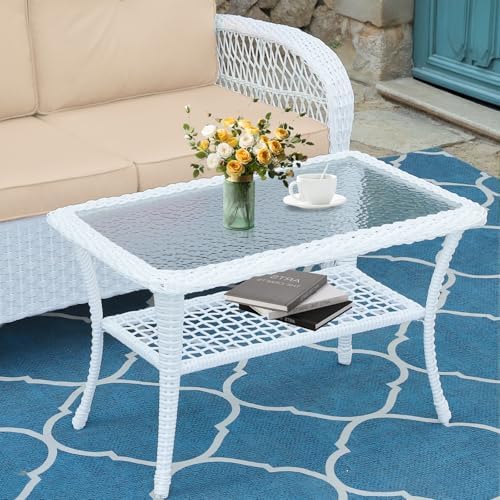 Wicker Patio Coffee Table, 34.5" Rectangle Outdoor Coffee Table by MEETWARM