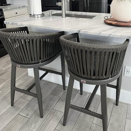 PURPLE LEAF Outdoor Patio Counter Stool Set of 2 Wicker Rattan Slate Gray by PURPLELEAF