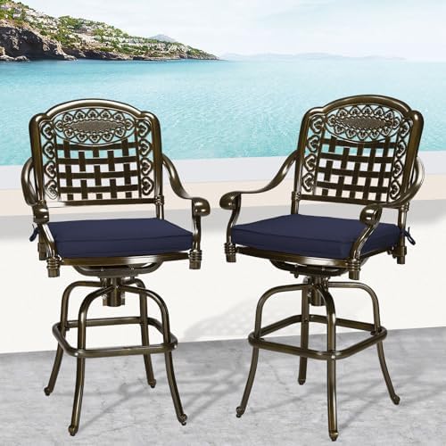 Outdoor Swivel Bar Stools Set of 2, All-Weather Cast Aluminum Bar Height Bistro - Image 2