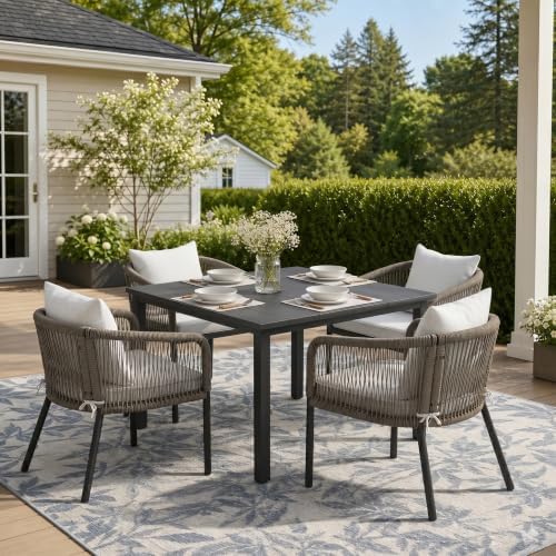 Patio Dining Set, 40.2" Square Table & Wheat Cushioned Wicker Chairs by ProvideOutdoorSolutions