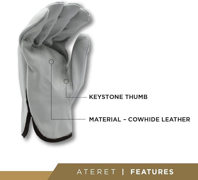 ATERET 12 Pairs X-Large Heavy Duty Durable Cowhide Leather Work Gloves I Driver Gloves for Truck Driving, Warehouse, Gardening, Farming