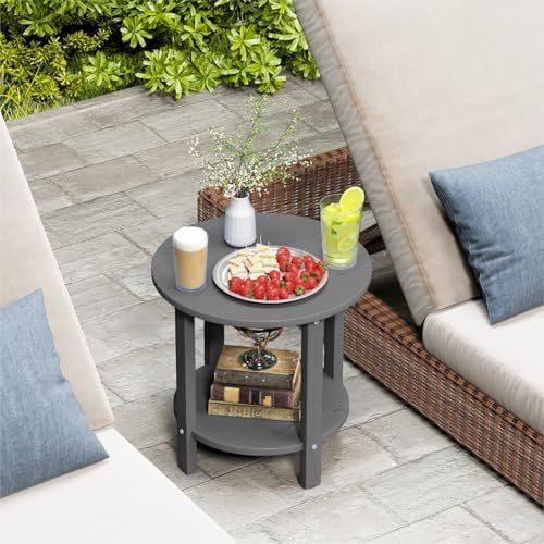 HDPE Round Outdoor Side Table, 18.1-Inch Weatherproof Small Outdoor Table - Image 2