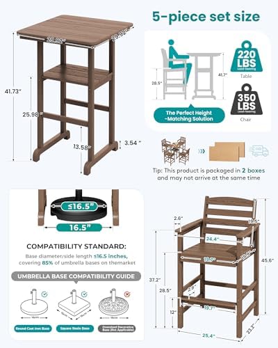 SERWALL 5 Pcs HDPE Bar Height Chairs and Double Layer Pub Table Set - Image 4
