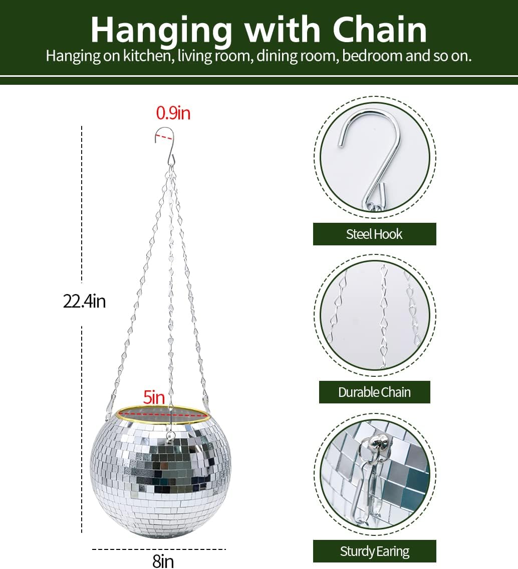 8" Silver Disco Ball Planter with Hanging Rope, Hanging Chain, Hook, Circle | for Decoration