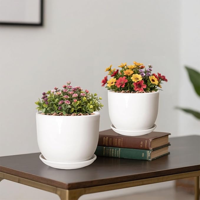 6.7 + 5.5 Inch Plant Pot, Ceramic Planter with Drainage and Saucer, Ceramic Pots for Plants, Indoor Plant pots,Succulent Pot Orchid Pots(Smooth White,Plant Pot Only)