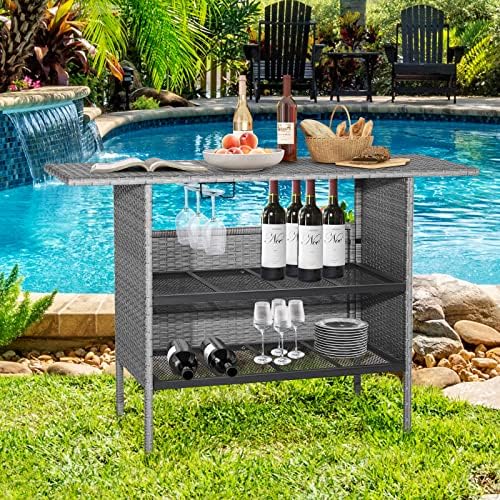 Tangkula Outdoor Wicker Bar Table, Patiojoy All Weather Patio Bar Height Table - Image 2