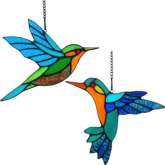 2 Packs Stained Glass Hummingbird Suncatcher Window Hanging Ornament, Stained Glass Birds Suncatcher for Window Decor, Hummingbird Gifts for Women, Mom, Birds Lovers