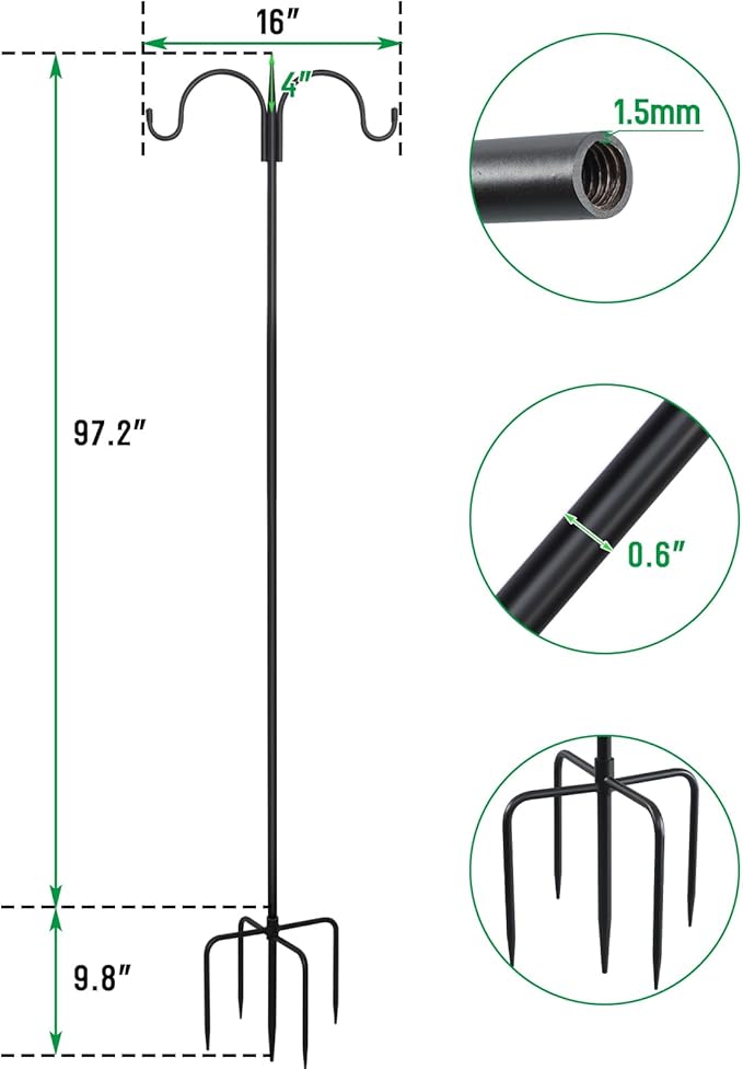 FEED GARDEN Adjustable Double Shepherds Hook for Outdoor with 5 Prong Base 108 Inch Heavy Duty Two Sided Bird Feeder Pole for Hanging Plant Baskets, Solar Light Lanterns, Wind Chimes 2 Pack