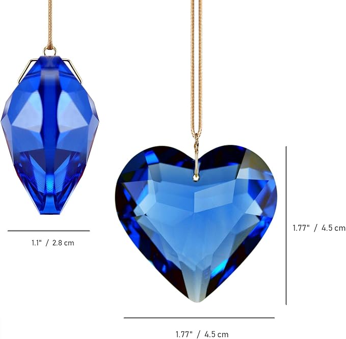 Blue Heart Crystal Suncatcher, 2pc 45mm Hanging Prism for Windows, Outdoor Indoor Decoration, Rainbow Maker Gifts for Mom, Grandma, Friend