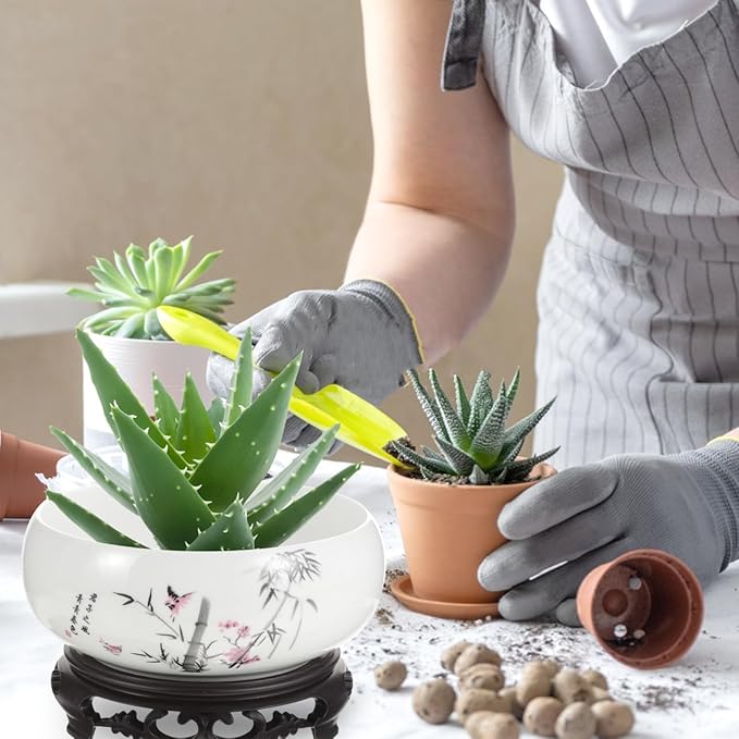 Ceramic Chinese Pot with Base Hydroponic Pot White Water Lily Bowl Ceramic Planter for Home Office Garden 7 Inch