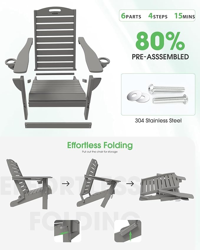 Adirondack Chairs Set of 4, Outdoor Fire Pit Chairs, HDPE All-Weather Adirondack Chairs with Cup Holder, Lawn Chair for Deck, Patio, Garden (Grey)