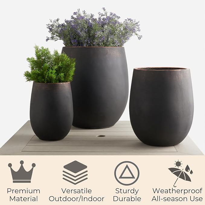 17.7"+13.3"+9.5" Dia Round Concrete Planter Set of 3, Large Outdoor Planter, Black with Gold Rim, Flower Pots with Drainage Holes for Garden, Patio, Home, Office