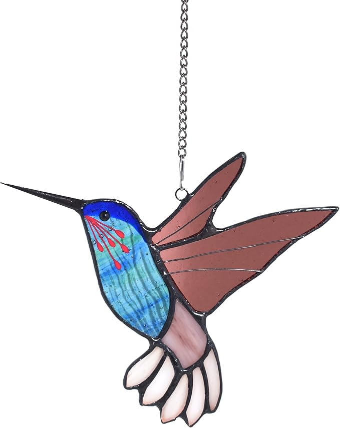 Lolitarcrafts Stained Glass Hummingbird Window Hangings with Flowers, Bird Stained Glass Suncatcher for Window Decor Hummingbird Gifts for Mom,Bird Lovers (Blue B)