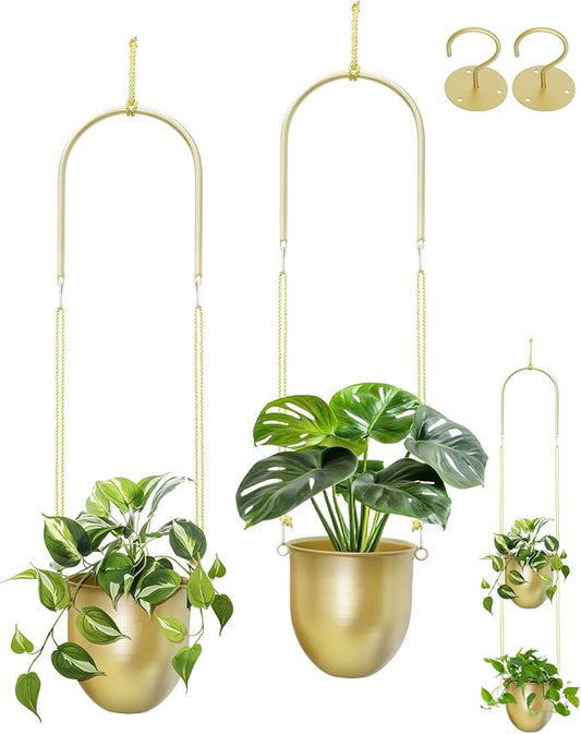 AceList Gold Hanging Planter Set of 2-5.51 Inch Hanging Planters for Indoor Plants, Home, Balcony, Garden, and Patio - Window Hanging Planters with Hemp Rope