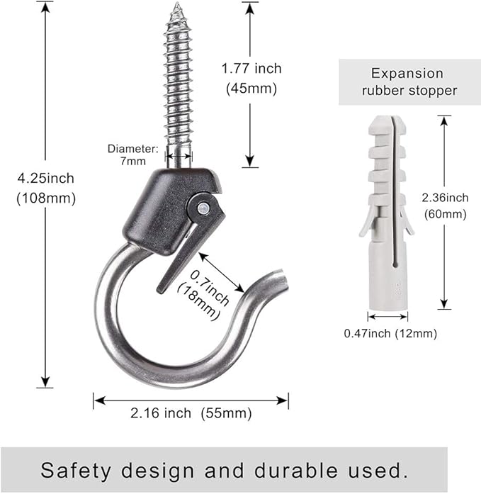 BeneLabel 4Pcs Wall Mount Ceiling Plant Hanger Hooks, Outdoor Hanging Brackets for Hanging Plant Light Outdoor Wire Fairy Lights Wind Chimes Bird Feeders, Safety Buckle Design, 4 1/4"