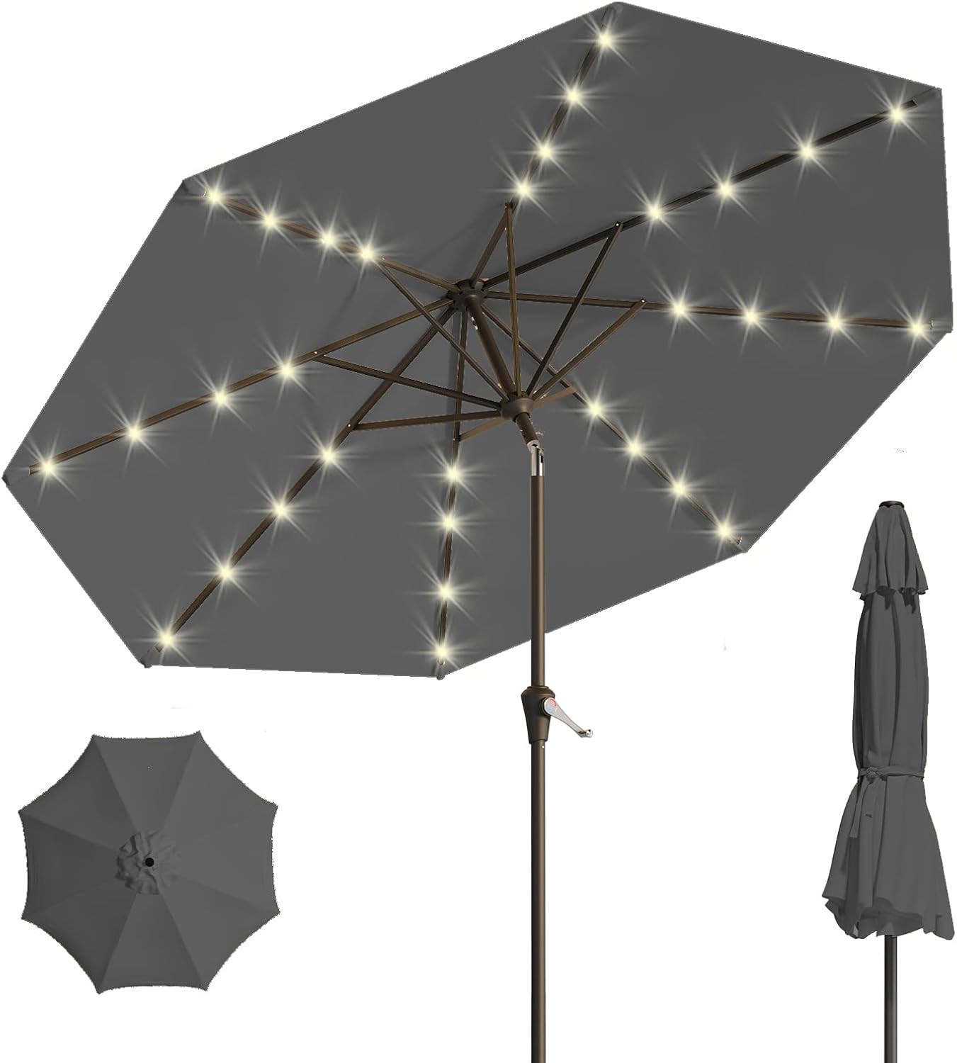 9FT Solar Umbrella 32 LED Lighted Patio Umbrella Table Market Umbrella w/Tilt and Crank, UV-Resistant Outdoor Umbrella for Pool, Garden, Deck, Gray