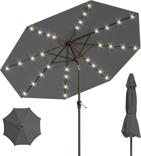 9FT Solar Umbrella 32 LED Lighted Patio Umbrella Table Market Umbrella w/Tilt and Crank, UV-Resistant Outdoor Umbrella for Pool, Garden, Deck, Gray