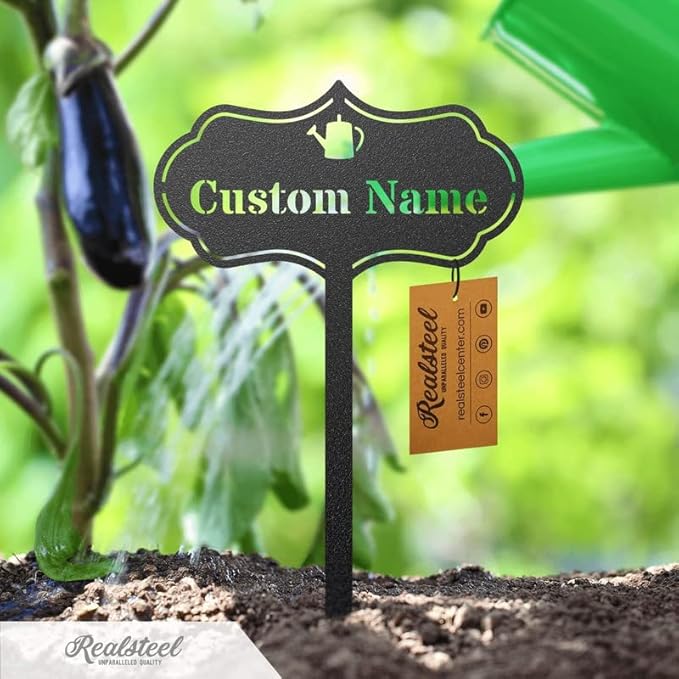 RealSteel – Customizable Seed & Plant Markers - Outdoor Herb Garden Stakes - Elegant Fruit/Vegetable Labels - Steel Plant Tags for Pots - Classy Design for Farmhouse/Greenhouse – Watering Can Icon