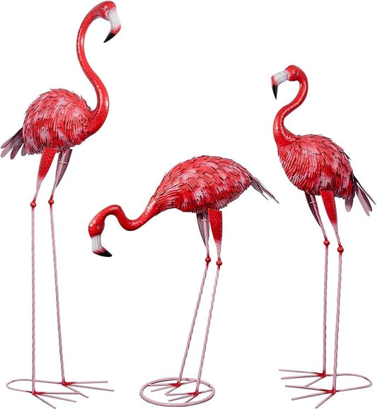 3Pcs Metal Flamingo Statues, Hot Pink Flamingo Outdoor Decor for Garden Home Patio Lawn Backyard Ornaments
