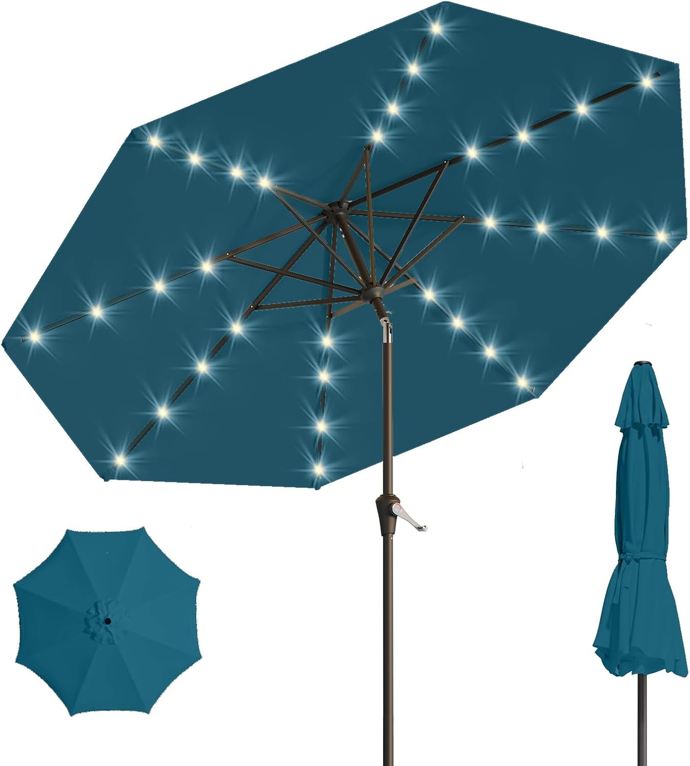 9FT Solar Umbrella 32 LED Lighted Patio Umbrella Table Market Umbrella w/Tilt and Crank, UV-Resistant Outdoor Umbrella for Pool, Garden, Deck, Lake Blue