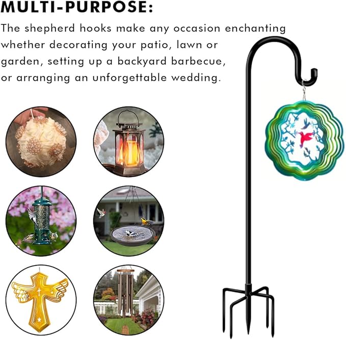 76 in Outdoor Shepherd Hooks for Hanging Plants, Garden Adjustable Heavy Duty Hummingbird Feeder Pole Stand Hanger with Stand for Solar Lantern Flower Baskets Wind Chimes, Black 1 Pack
