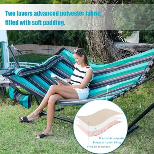 12FT 2 Person Hammock with V Shaped Spreader Bar -Teal Stripes - Image 5