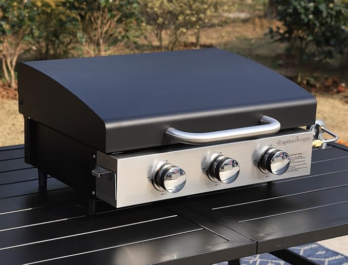 Sophia & William 22" Flat Top Grill with Lid & Ceramic Coated Cast Iron Pan, 3-Burner Portable Tabletop Gas Propane Griddle for Outdoor, BBQ, Camping & Tailgating Barbecue, 24,000 BTU