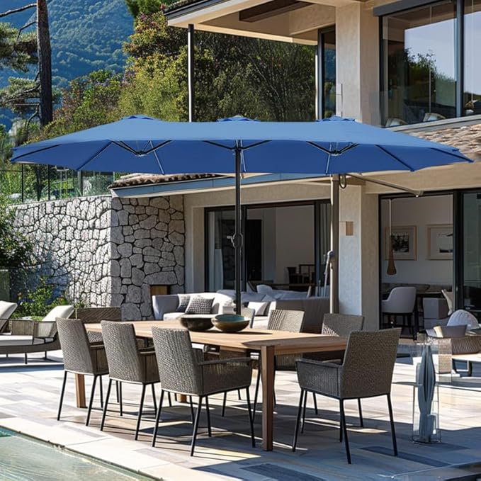 GREEN PARTY 15 ft Rectangle Patio Umbrella with Base Included, Double-Sided Table Umbrella with Crank, Large Outdoor Umbrellas for Patio Poolside Garden Backyard, Haze Blue