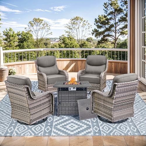 5-Piece Wicker Swivel Patio Chairs and Fire Pit Table Set by HUMMUH