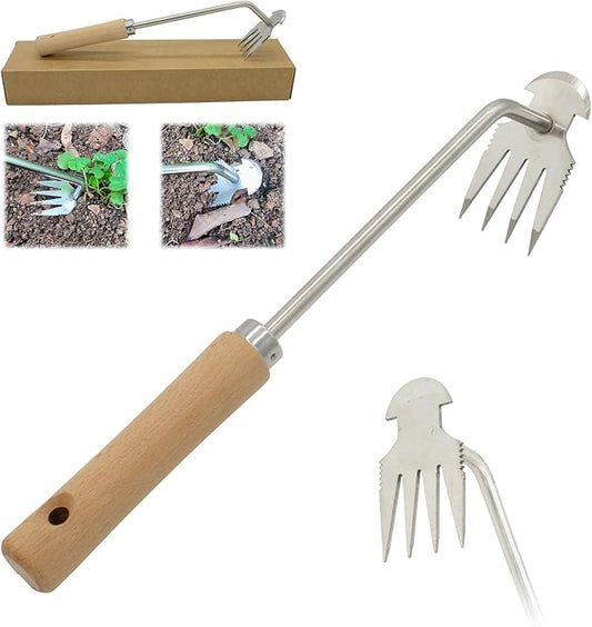 Amposei Weeding Artifact Uprooting Weeding Tool, Multifunctional Weeder, Hand Weeder Tool, Stand Up Weed Puller Tool with Handle for Garden Yard Farm Weed Removal (11in, Wood Handle)