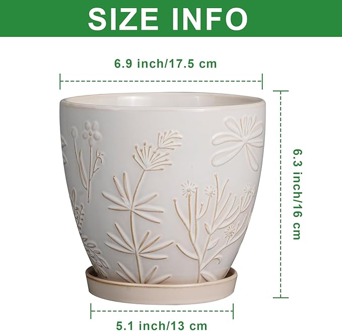 6 Inch Ceramic Plant Pot for Indoor Plants Outdoor Round Planter Flower Pot with Drainage Hole and Saucer for Home Garden Office Decor White